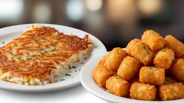 Golden brown potato delicacies served on a white plate: hash browns and tater tots