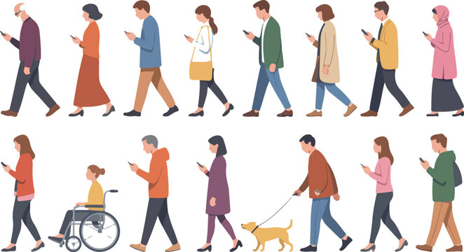 People walking while using smartphones, diverse group of men and women addicted to mobile technology