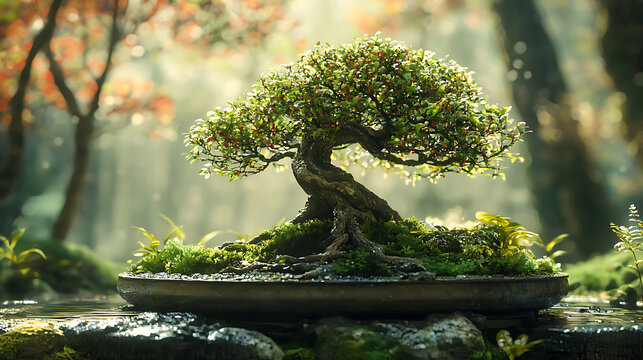 Serene bonsai tree growing peacefully in a lush forest with soft sunlight.