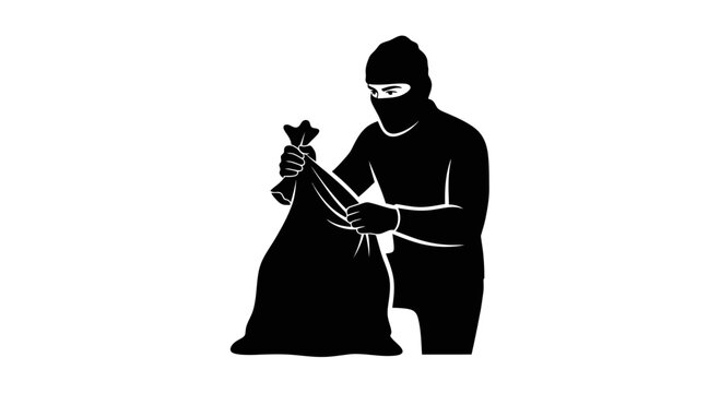 Burglar in mask with sack, stealing, crime, thief, robbery, illegal activity, danger, mystery