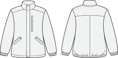 technical, jacket, front, and, back, view, fashion, flat, sketch, template, windbreaker, outerwear, apparel, design, mockup, isolated, vector, outline, clothing, garment © Mst