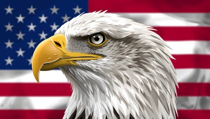Naklejka premium Close-up Digital Illustration of a Majestic Bald Eagle's Head Against the Backdrop of the American Flag, Symbolizing Freedom and Patriotism