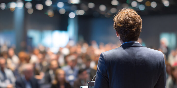 Business leaders are giving speeches on stage at a conference.