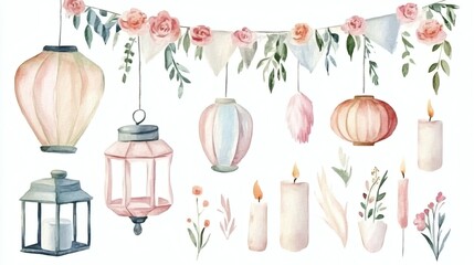 Watercolor floral and paper lantern party elements: bunting, garlands, lanterns, candles, foliage and bouquets in pastel pinks, greens and oranges