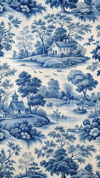 A photo of an elegant blue and white toile pattern with intricate pastoral scenes featuring delicate brushwork in a classic French country aesthetic