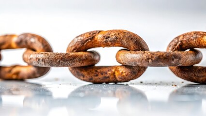 Fototapeta premium A photo of an old rusty chain breaking under pressure on a white background