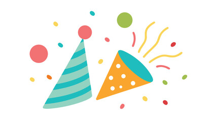 Obraz premium Two hand drawn party hats in teal and orange surrounded by multi colored confetti and wavy streamers over a plain white background.