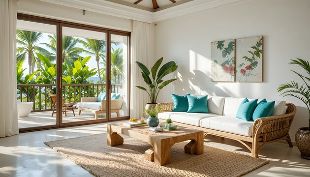Bright and airy living room with a view of palm trees and a tropical garden.