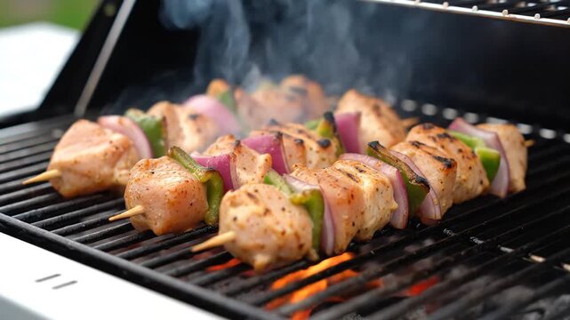 Delicious Chicken and Vegetable Skewers Grilling on a Hot Barbecue.