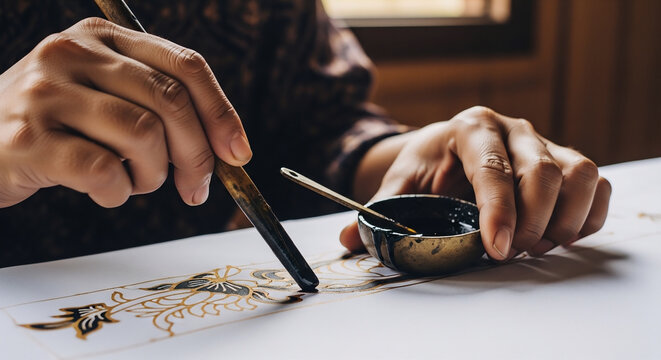 Hands creating traditional batik pattern with canting tool and hot wax, close up artisan process
