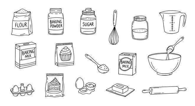 Hand drawn baking mixes doodle icons with cake mix flour whisk and kitchen baking ingredients vector set