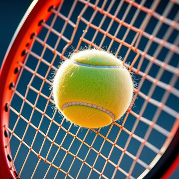 Close-up of tennis racket strings with ball, emphasizing tautness and fuzzy ball texture,  strings,  texture