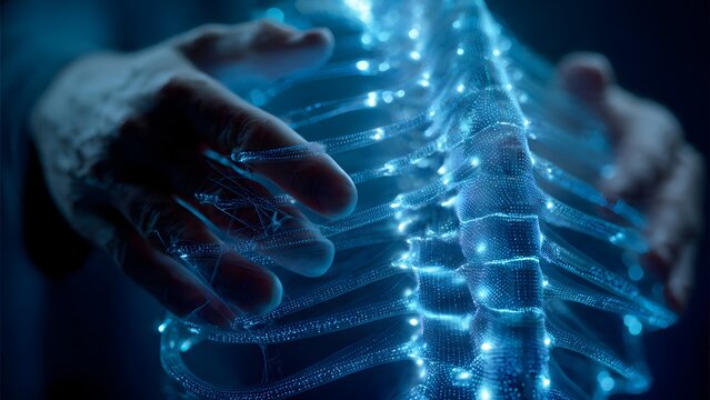 Spinal imaging fusion: radiologist hands aligning CT MRI data on 3D vertebral column within glowing digital grid