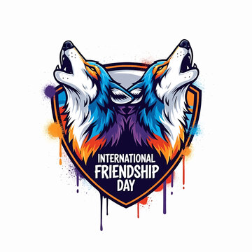 Two howling wolves forming a shield for International Friendship Day