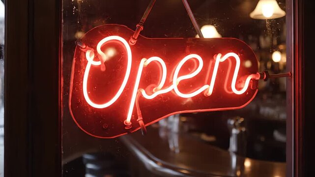 Red neon Open sign with flicker 4k video in night bar window