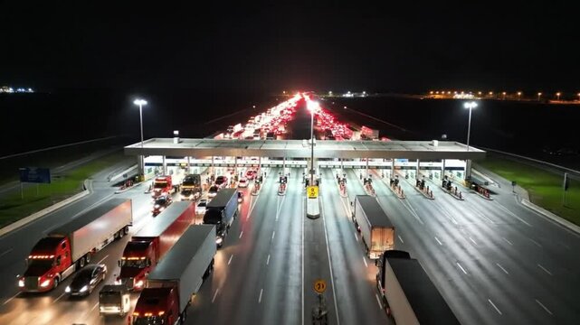 Border checkpoint vehicles queuing at night