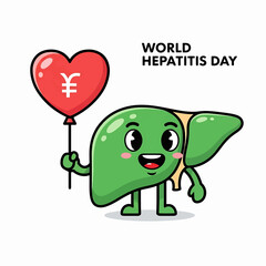 Obraz premium Happy Liver Character Holding Heart Balloon for World Hepatitis Day