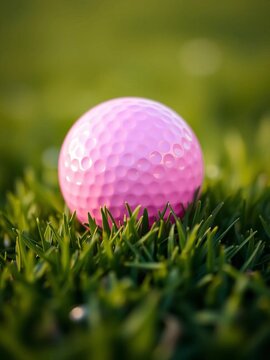 Subtle pink sphere adorns lush green turf, club a blurred vision Whimsical, tranquil, golf, greenery, abstract, ethereal,  pastel tones,  green turf