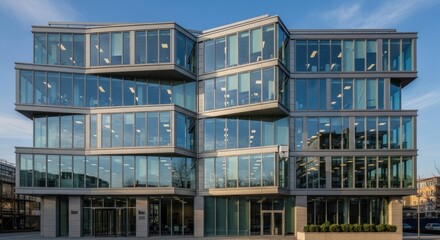Obraz premium A modern office building with glass windows and metal exterior, located in a cityscape with a clear blue sky.