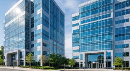 Two modern glass office buildings with blue glass windows and doors, located in an urban setting with trees and a clear blue sky in the background.