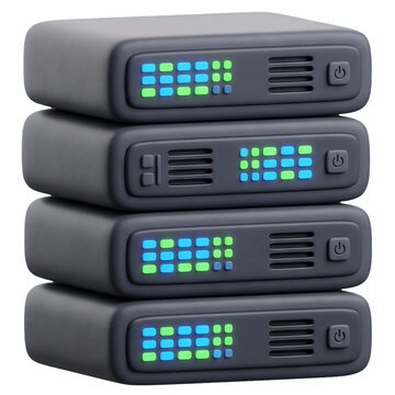 3D cartoon illustration of three stacked rounded server units with glowing blue and green indicator lights on front panels, dark gray and electric blue, transparent background.