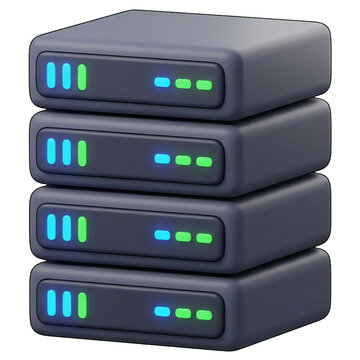 3D cartoon illustration of three stacked rounded server units with glowing blue and green indicator lights on front panels, dark gray and electric blue, transparent background.
