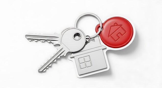 A set of house keys with a house-shaped keychain, symbolizing home ownership and real estate