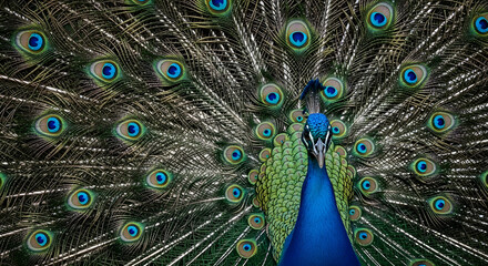 Obraz premium Majestic male peacock proudly displaying its spectacular iridescent blue and green tail feathers in a full, captivating fan for mating.