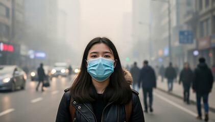 Air Pollution: A young woman navigates a bustling city street, a surgical mask protecting her from the visible pollution enveloping the urban landscape.