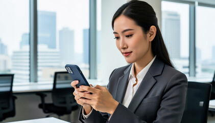 Fototapeta premium Business Professional Engaged with Smartphone: A poised business woman, dressed in professional attire, is fully engaged with her smartphone, her focus set against the backdrop of an office. 