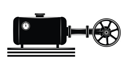 Black and white illustration of a vintage train engine with a gauge and wheel © arfanah02