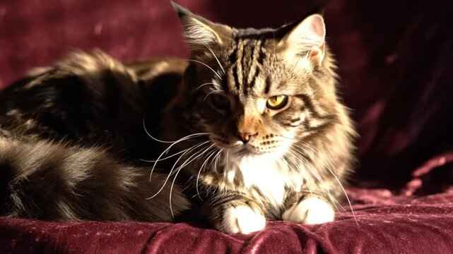 Beautiful brown Maine Coon cat purring and relaxing on a plush burgundy surface in warm sunlight