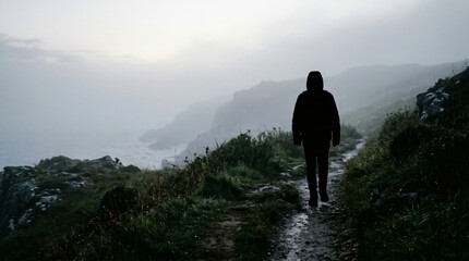 Obraz premium Solitary Hiker Walking Coastal Path Ireland Foggy Weather Outdoor Adventure Travel Photography