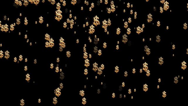 golden dollar signs raining down black background money falling animation seamless loop