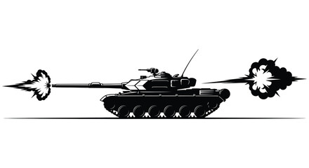 Black silhouette of a tank firing its cannon with smoke plumes visible © arfanah02