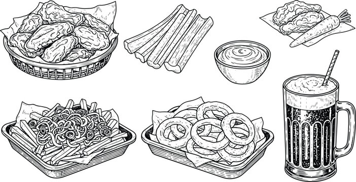 Vintage engraving fast food illustration set with chicken wings, fries, onion rings, sauce and beer