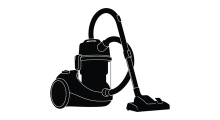 A black silhouette of a modern upright vacuum cleaner against a white background © arfanah02