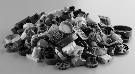 Obraz premium A large pile of diverse, discarded plastic components in a grayscale studio setting, representing industrial waste and the need for recycling.