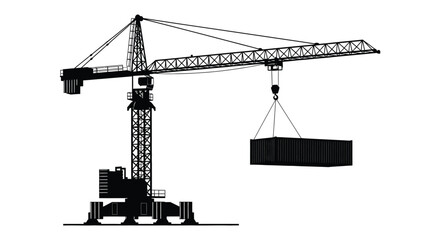 Black silhouette of a tower crane lifting a shipping container © arfanah02
