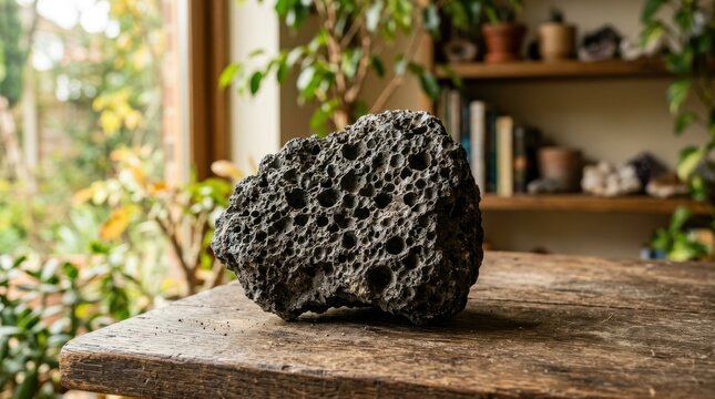 A vesicular basalt rock fragment with a porous texture rests on a wooden surface, showcasing its natural geological details.