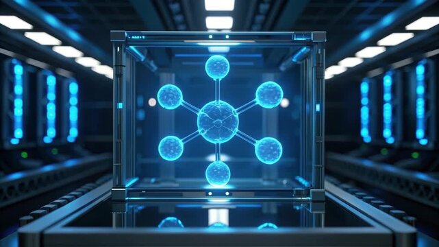 Futuristic protein target research molecular model technology glowing blue sphere network digital data science innovation laboratory visualization