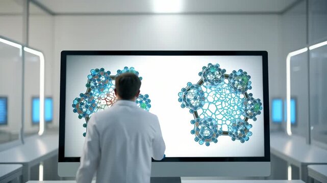 Protein target research scientist analyzing molecular structure on digital screen in modern laboratory for advanced scientific study and discovery