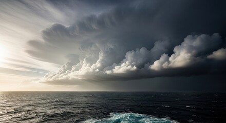 Obraz premium Massive cumulonimbus storm clouds gathering over the dark ocean surface with sunlight breaking through