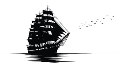 A striking black and white illustration of a tall sailing ship with birds overhead © arfanah02