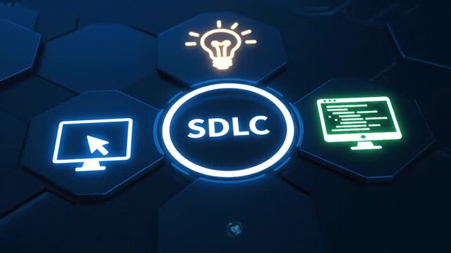 Software Development Life Cycle S D L C process icons global business strategy planning security innovation teamwork project management technology workflow 4k video