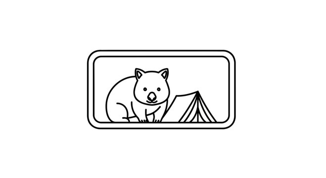 Wombat Camping Adventure Icon: Cute Australian Animal with Tent, Vector Line Art