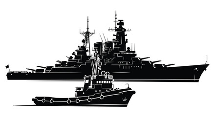 Black and white illustration of a battleship escorted by a tugboat on water © arfanah02