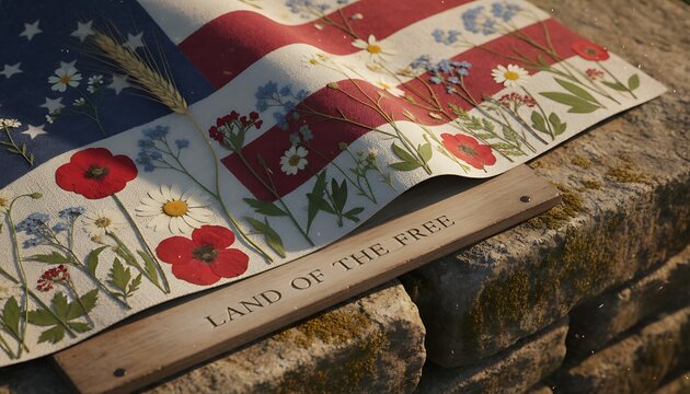 Flag and Floral Print on Stone Wall