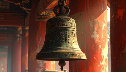 Obraz premium A large, old bronze bell hangs from a hook in a temple