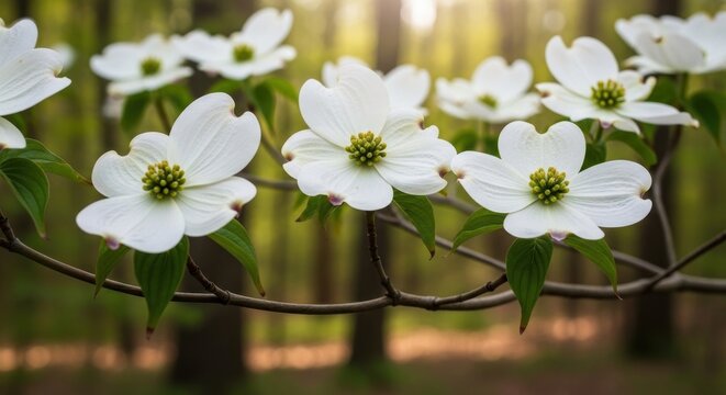 Delicate white dogwood flowers bloom on a branch in a sunlit forest setting, showcasing spring's arrival and natural beauty.